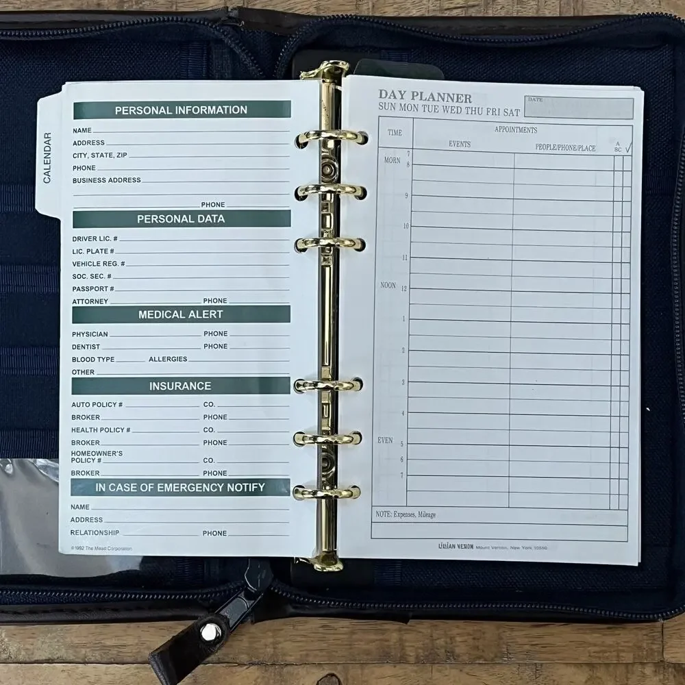 1992 Cambridge Black & Blue Canvas Planner Zip Around 6 Rings Calendar